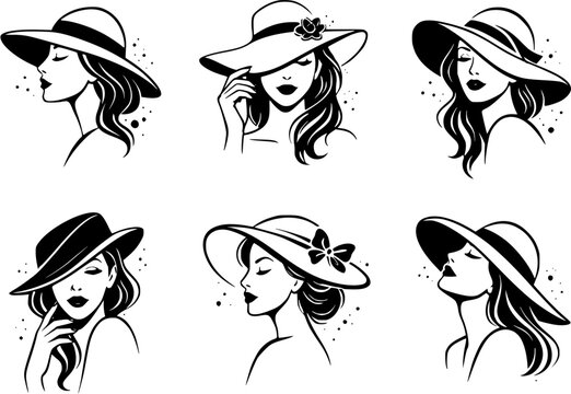 Elegant woman hat logo set, minimalist female portrait line art