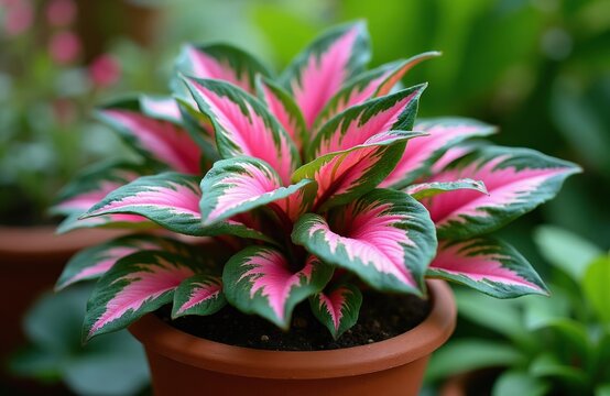 Tradescantia spathacea plant features bright pink and green striped leaves. Potted in terracotta, this lush foliage adds vibrant color to any indoor or outdoor space. Grows well in gardens.