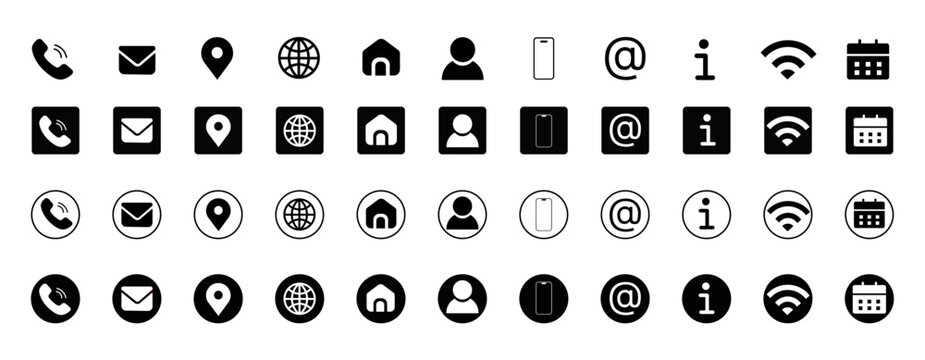 Dadi icone con simboli contatti e comunicazione.
Contact icon vector set 2026. Phone, Call, Email, Address, Website, Fax, Mobile, Minimal Home, Calendar, Chat icons. 