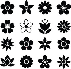 Fototapeta premium Collection of various floral icons and simple flower shapes in black vector set