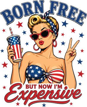 Pinup girl wearing patriotic flag accessories and holding paper cup with stars and stripes