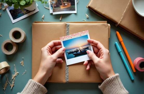 Woman creates travel scrapbook album. She decorates kraft paper cover with instant photo. Uses washi tape for craft project. Hobby and memory keeping.