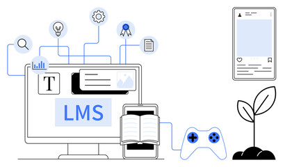 E-learning, education, gamification, technology integration, remote education, learning growth. LMS on a screen with books, gamepad icons plant and mobile interface elements. E-learning © robu_s