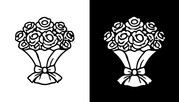 Rose Flower Bouquet with Ribbon Bow Line Icon Vector Set Black and White Icon
