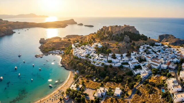 sunrise over lindos village and beach rhodes island video