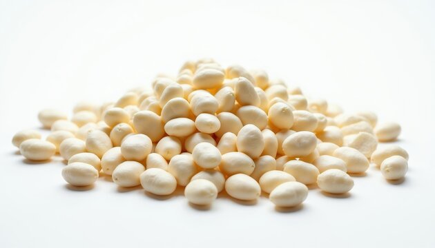 Heap of pristine white cannellini beans on seamless bright backdrop. Organic white beans for healthy vegan diet. Culinary ingredient for cooking.