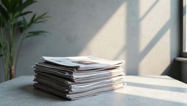 Stack of newspapers and magazines on a grey table. Sunlight streams through window casting shadows. Interior scene with plant in background. Minimalist style. Fresh news.