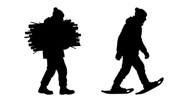 Winter person icon set carrying firewood and snowshoeing, black silhouette, white background, vector Illustration