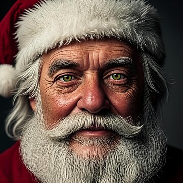 Close-up portrait of a weathered, wise old man with a snowy white beard and a jolly red Santa hat, his emerald green eyes twinkling with warmth and merriment
