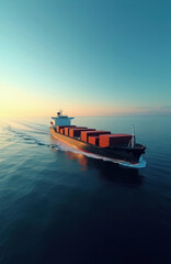 Obraz premium Large cargo ship transports red containers across calm ocean water at sunset. Global logistics and international trade concept. Modern freight vessel sails on sea.