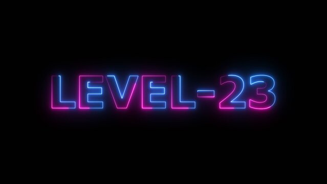 Neon light Level 23 text icon concept background illustration. Level 23 neon letters spelling out appear on the black screen display.
