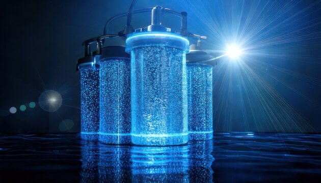 Futuristic Blue Liquid Storage Containers with Glowing Edges and Reflections.
