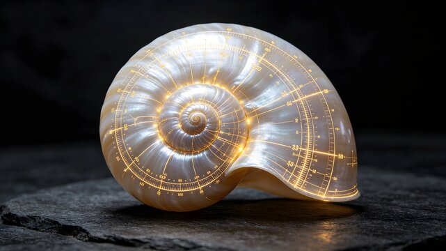 Abstract data evolution concept with realistic nautilus and gold engraving