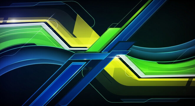Vibrant abstract background with intersecting blue green and yellow geometric shapes on black