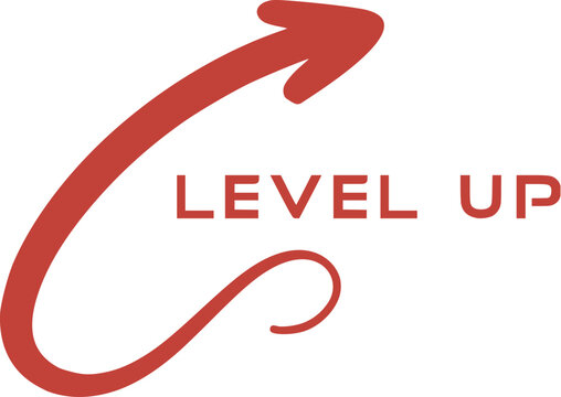 A creative vector symbol showing level up text with an upward tilted arrow representing progress draw