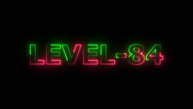 Neon light Level 84 text icon concept background illustration. Level 84 neon letters spelling out appear on the black screen display.