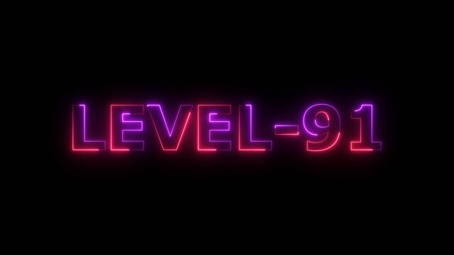 Neon light Level 91 text icon concept background illustration. Level 91 neon letters spelling out appear on the black screen display.