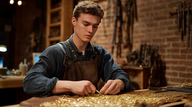 Lone artisan silversmith hammers a cuff bracelet on a pitch bowl, metal shavings scattered across a leather bench mat, brick workshop walls hung with vintage tools, perfect for artisan craft
