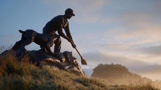 War memorial sculpture being cleaned by maintenance worker at dawn before ceremony, mist rising from nearby grass, ideal for Memorial Day, civic duty, and modern remembrance theme cinematic color