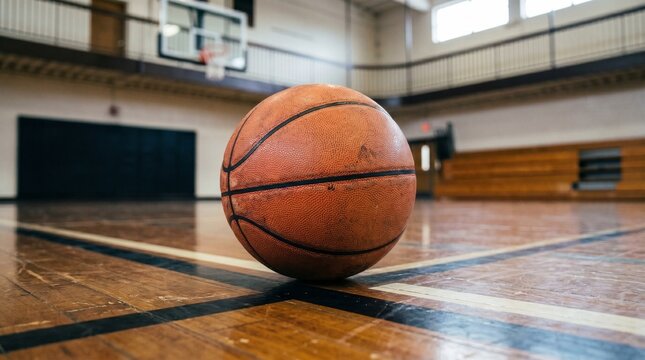 Close-up of a Worn Basketball on an Indoor Wooden Court