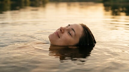 Fototapeta premium Peaceful face floating on water with soft ripples, symbolizing calm and relaxation.
