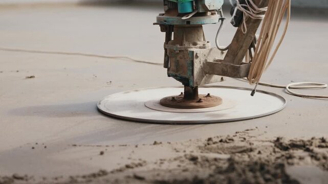 Power trowel machine smoothing floor screed surface close up