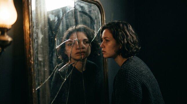 Person looking at a distorted mirror, representing identity confusion and inner emotions.