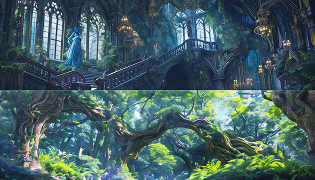 Immagine fantasy di un interno gotico che si contrappone ad un paesaggio da foresta incantata, Fantasy image of a Gothic interior contrasting with an enchanted forest landscape