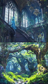 Immagine fantasy di un interno gotico che si contrappone ad un paesaggio da foresta incantata, Fantasy image of a Gothic interior contrasting with an enchanted forest landscape