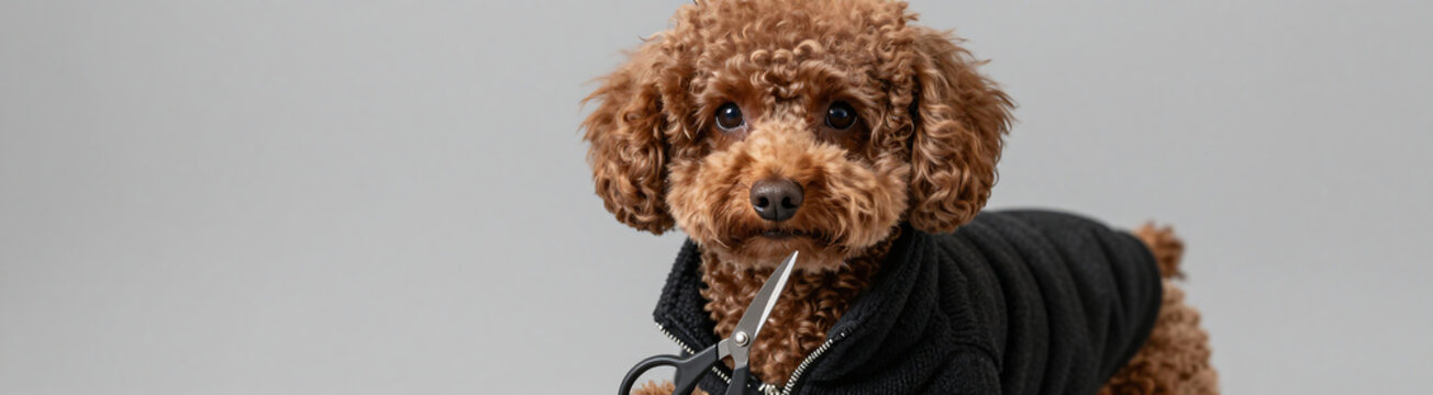 brown poodle wearing black knitted jacket holds scissors front paws neutral gray background soft natural