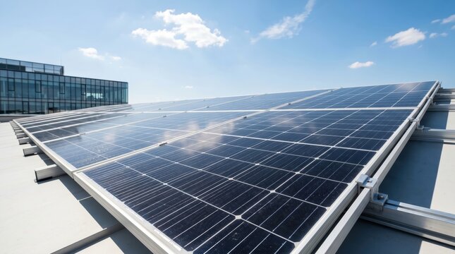 Solar panel array installed on commercial building rooftop for renewable energy generation, sustainable green power technology under blue sky with clouds, clean electricity