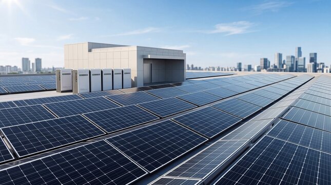 Rooftop solar panel installation with battery storage units on commercial building, urban renewable energy system, city skyline background, sustainable architecture and green power