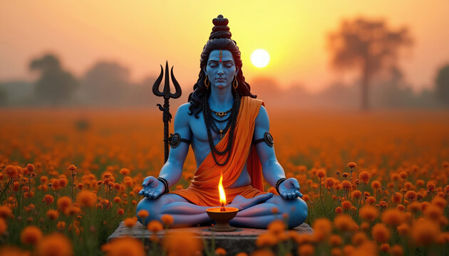 Blue deity meditating in orange flower field at sunset. Holding trident and candle lit lamp. Peaceful spiritual yoga pose. Calm nature scene.