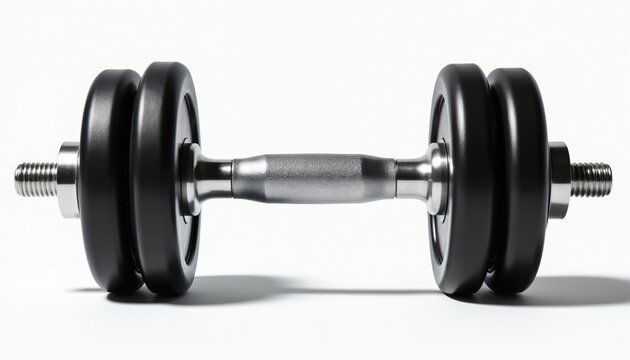 Silver and black dumbbell with textured grip on white surface. This weightlifting tool is for fitness and strength training. Perfect for workout visuals and gym imagery. Build muscle mass.