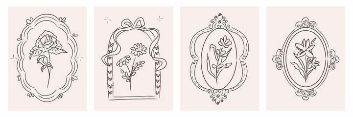 Set of vintage floral poster with hand drawn flowers in colorful frame. Rustic cottagecore print for wall art, greeting cards, wedding invitation, interior decor. Elegant and luxury drawing design. © Sinta Alfa
