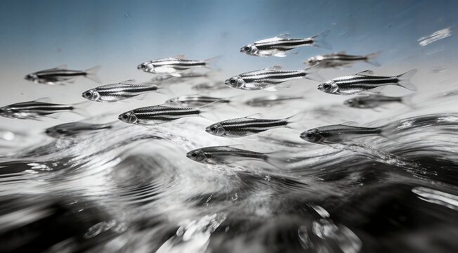 Abstract school of silver striped fish swimming through motion blur water waves