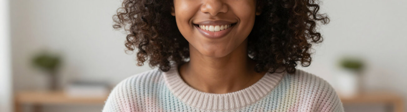 smiling young african american woman effortless natural curls soft knit sweater warm diffused
