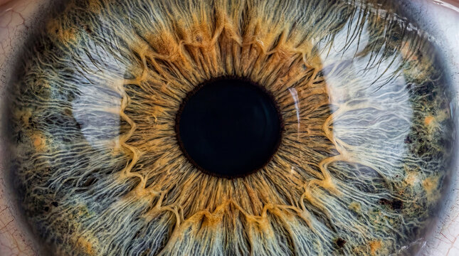 Vibrant human eye with intricate blue green and golden patterns revealing a dark pupil