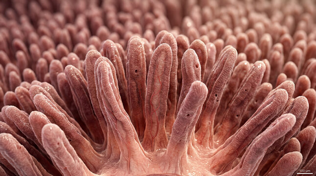 Living landscape of the small intestine revealing countless villi actively working to absorb essential nutrients for life