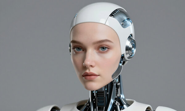 photograph futuristic anthropomorphic robot caucasian female face set neutral grey background soft