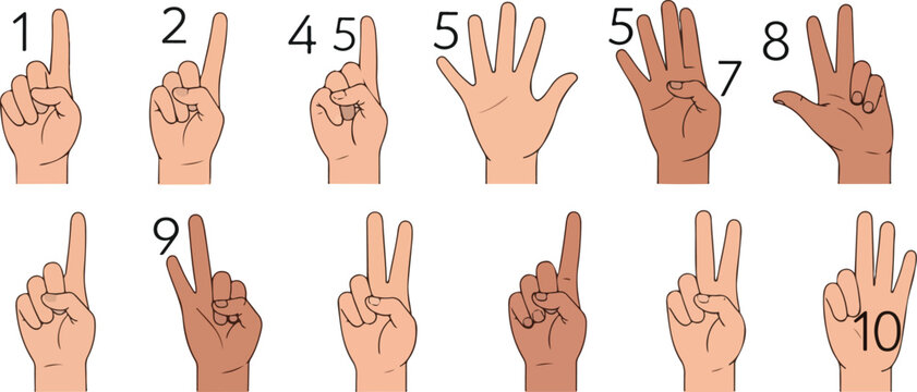 Human Hand Number Gestures Set Counting Fingers Vector Illustration Collection