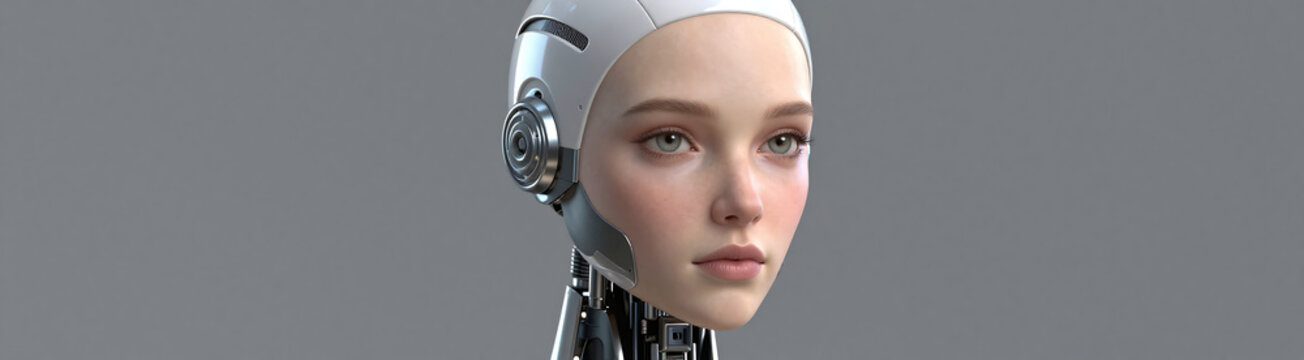 photograph futuristic anthropomorphic robot caucasian female face set neutral grey background soft