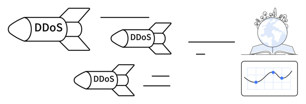 Cybersecurity, DDoS attack prevention, data protection, network threats, online systems, traffic analysis. Three DDoS missiles targeting a system as a globe. Cybersecurity and DDoS attack prevention