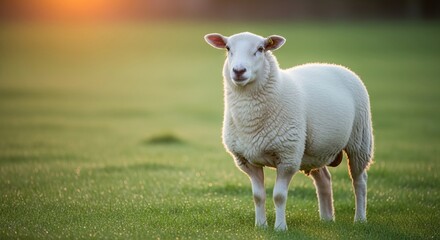 Fototapeta premium Single white sheep standing in lush green meadow at golden sunset light looking at camera curious farm animal portrait in peaceful countryside grass field park.