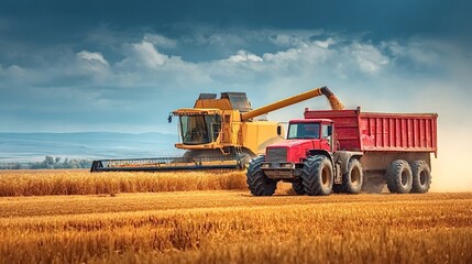 Obraz premium Combine harvester machine filling a red dump truck with grains of ripe wheat standing in a golden agricultural field under a dynamic cloudy sky, highlighting modern farming and food production
