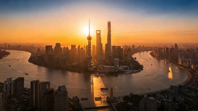 aerial view of cityscape of shanghai at sunset video dolly out