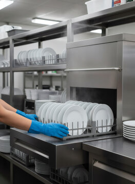 Woman dishwasher loading rack of clean plates into industrial machine in commercial kitchen. Hygienic restaurant service with steam. Professional catering equipment and tableware.