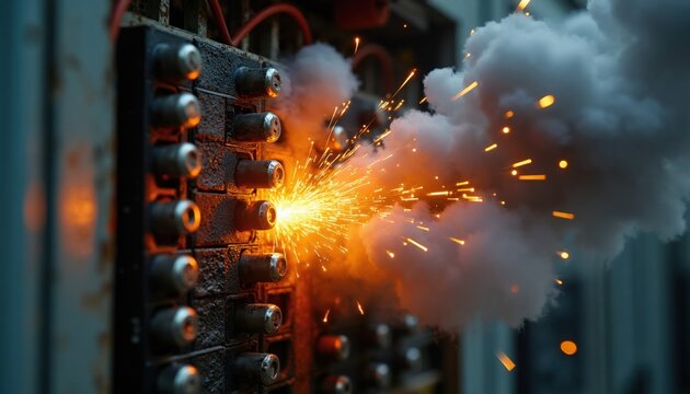Electrical circuit breaker box sparks intensely. Smoke billows from device malfunction. Dangerous short circuit ignites wires. Urgent hazard, power system failure imminent, severe damage occurs.