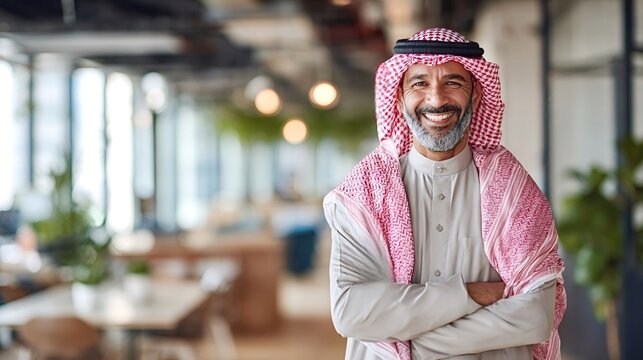 Smiling mature arab man wearing a traditional keffiyeh and thobe, standing confidently with crossed arms in a modern, brightly lit business office, representing success and professionalism