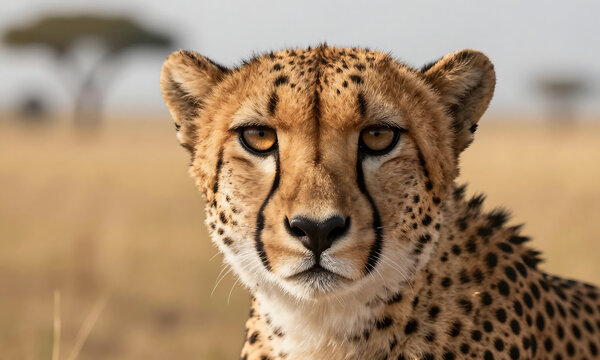 shot cheetah face intense stare sharp features highlighted hazy backdrop savannah